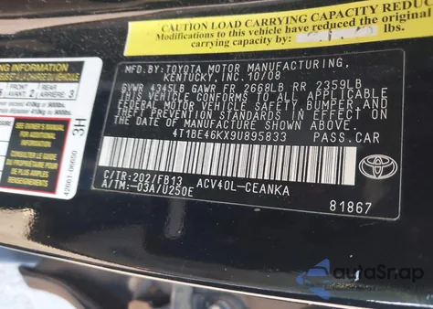 2009 Toyota Camry Le from USA, damaged, VIN 4T1BE46KX9U895833